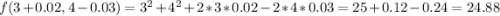 f(3+0.02,4-0.03) = 3^2+4^2 + 2*3*0.02 - 2*4*0.03 = 25 + 0.12 - 0.24 = 24.88