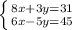 \left \{ {{8x+3y=31} \atop {6x-5y=45}} \right.