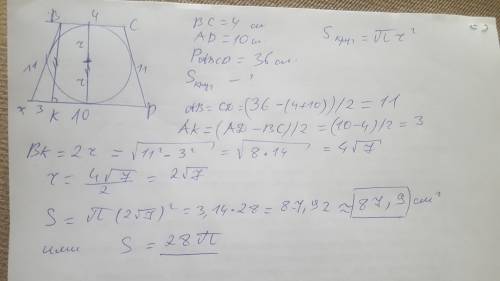 Найди площадь круга, вписанного в равнобедренную трапецию с основаниями длиной 4 см и 10 см и периме