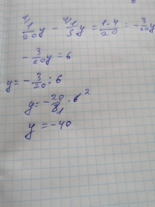 Решите уравнение 1/20y+5=11+1/5y