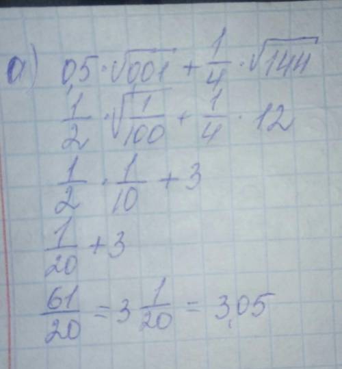 Вычислите и решите: а) 0,5 √0,01+1/4 √144 б) 2 √1 9/16-1 в) (2 √0,5)^2