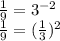 \frac{1}{9} = 3 {}^{ - 2} \\ \frac{1}{9} = ( \frac{1}{3} ) {}^{2}