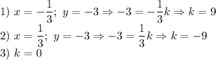 1) \ x = -\dfrac{1}{3}; \ y = -3 \Rightarrow -3 = -\dfrac{1}{3}k \Rightarrow k = 9 \\2) \ x = \dfrac{1}{3}; \ y = -3 \Rightarrow -3 = \dfrac{1}{3}k \Rightarrow k = -9\\3) \ k = 0