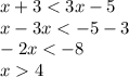 x + 3 < 3x - 5 \\ x - 3x < - 5 - 3 \\ - 2x < - 8 \\ x 4