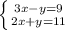 \left \{ {{3x-y=9} \atop {2x+y=11}} \right.