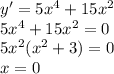 y'=5x^4+15x^2\\5x^4+15x^2=0\\5x^2(x^2+3)=0\\x=0