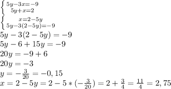 \left \{ {{5y-3x=-9} \atop {5y+x=2}} \right.\\\left \{ {{x=2-5y} \atop {5y-3(2-5y)=-9}} \right.\\ 5y-3(2-5y)=-9\\5y-6+15y=-9\\20y=-9+6\\20y=-3\\y=-\frac{3}{20} =-0,15\\x = 2-5y=2-5*(-\frac{3}{20} )=2+\frac{3}{4}= \frac{11}{4} =2,75