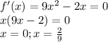 f'(x)=9x^2-2x=0\\x(9x-2)=0\\x=0; x=\frac{2}{9} \\