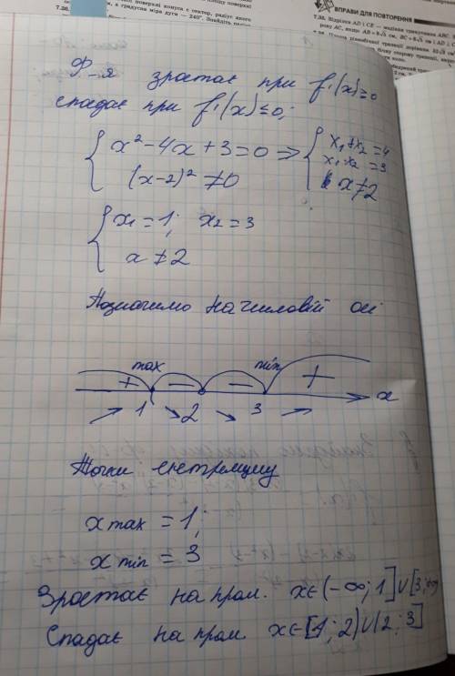 Знайти проміжки зростання і спадання та точки екстремуму функції f(x)=