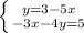 \left \{ {{y=3-5x} \atop {-3x-4y=5}} \right.