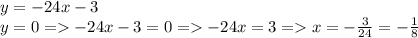 y = -24x-3\\y = 0 = -24x-3 = 0 = -24x=3 = x = -\frac{3}{24} = -\frac{1}{8}