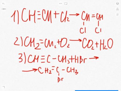 Закончите уравнения реакций C2 H2 +CIC2H4+O2CH=C-CH3+HBr​