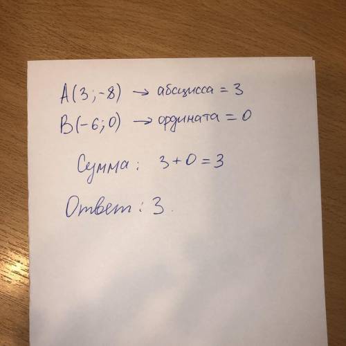 Найдите сумму абсциссы точки А(3; -8) и ординаты точки В(-6; 0). *