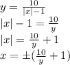 y=\frac{10}{|x|-1} \\|x|-1=\frac{10}{y} \\|x|=\frac{10}{y} +1\\x=\pm(\frac{10}{y} +1)