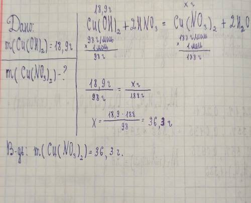 На гидроксид меди(//) массой 18,9г подействовали раствором нитратной кислоты.Какова масса полученной