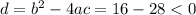 d = {b}^{2} - 4ac = 16 - 28 < 0