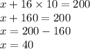 x + 16 \times 10 = 200 \\ x + 160 = 200 \\ x = 200 - 160 \\ x = 40