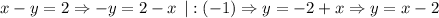 x-y=2 \Rightarrow -y=2-x \:\: |:(-1)\Rightarrow y=-2+x \Rightarrow y=x-2