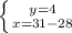 \left \{ {{y=4} \atop {x=31-28}} \right.