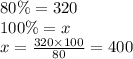 80\% = 320 \\ 100\% = x \\ x = \frac{320 \times 100}{80 } = 400