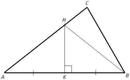Прямая KМ перпендикулярна к стороне АВ треугольника ABC и делит её пополам. Точка М лежит на стороне