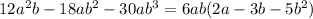 12a^2b-18ab^2-30ab^3=6ab(2a-3b-5b^2)