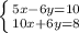 \left \{ {{5x-6y=10} \atop {10x+6y=8}} \right.