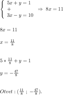 \left\{\begin{array}{l} 5x+y=1 \\ + \\ 3x-y=10 \end{array}\right \Rightarrow \;8x=11\\\\\\8x=11\\\\x=\frac{11}{8}\\ \\\\5*\frac{11}{8} +y=1\\\\y=-\frac{47}{8} \\\\\\Otvet:(\frac{11}{8}\;;\;-\frac{47}{8}).