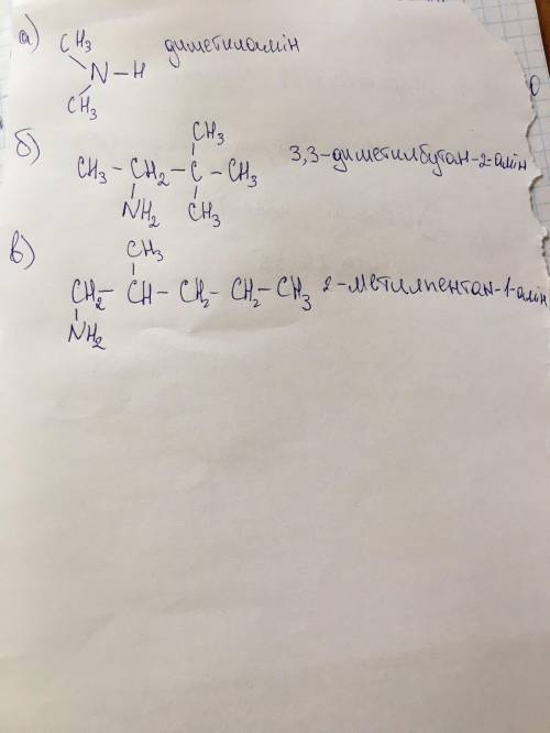 1. Написати формули амінів a) диметиламін б) 3,3-диметилбутан-2-амін в) 2-метилпентан-1-амін