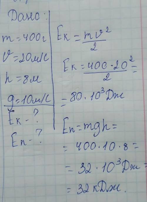 М’яч масою 400 г кинули вертикально вгору зі швидкістю 20 м/с.Визначте кінетичну і потенціальну енер