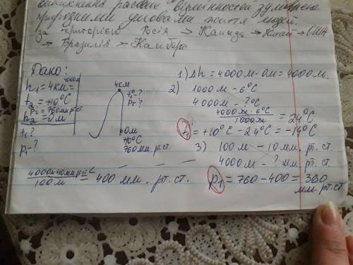 Чому буде дорівнювати температура повітря та тиск на висоті 4 км, якщо біля підніжжя температура пов