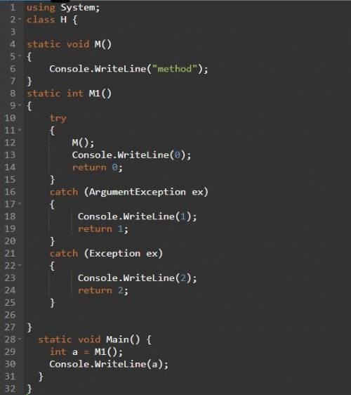 Имеется статический метод void M(), вызов которого может выбрасывать исключения Exception и Argument