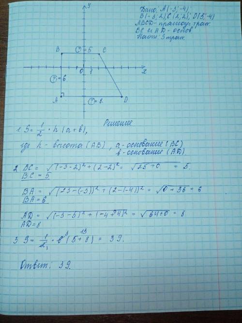 Точки A(-3;-4), B(-3;2), С(2;2), D(5;-4) – вершины прямоугольной трапеции соснованиями BC и AD. Пост