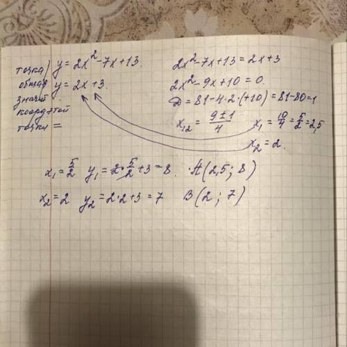 Знайти координати точок перетину прямої у=2х+3 і параболи у = 2х 2 -7х+13 (два ікс у квадраті)