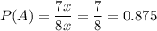 P(A)=\dfrac{7x}{8x} =\dfrac{7}{8}=0.875