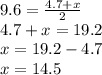 9.6 = \frac{4.7 + x}{2} \\ 4.7 + x = 19.2 \\ x = 19.2 - 4.7 \\ x = 14.5