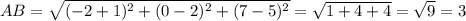 AB=\sqrt{(-2+1)^2+(0-2)^2+(7-5)^2} =\sqrt{1+4+4}=\sqrt{9} =3