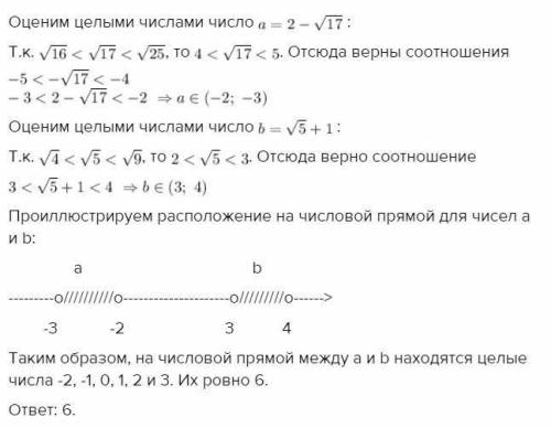 Сколько целых чисел расположено между числами 2-√17 и √5+1?