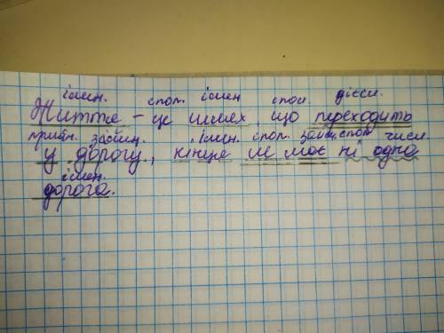 Підкреслити члени речення, надписати частини мови Життя - це шлях, що переходить у дорогу, кінця не