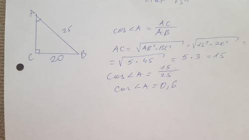 прямоугольном треугольнике АВС (∠С=90°), АВ=25 см, BС=20 см. Найдите cos ∠A.