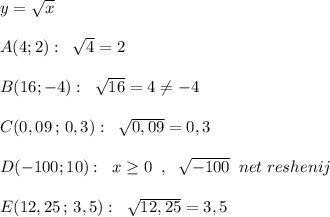 y=\sqrt{x}\\\\A(4;2):\; \; \sqrt4=2\\\\B(16;-4):\; \; \sqrt{16}=4\ne -4\\\\C(0,09\, ;\, 0,3):\; \; \sqrt{0,09}=0,3\\\\D(-100;10):\; \; x\geq 0\; \; ,\; \; \sqrt{-100}\; \; net\; reshenij\\\\E(12,25\, ;\, 3,5):\; \; \sqrt{12,25}=3,5