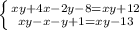 \left \{ {xy+4x-2y-8=xy+12}} \atop {xy-x-y+1=xy-13}} }\right.