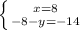 \left \{ {x=8}} \atop {-8-y=-14}} }\right.