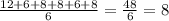 \frac{12 + 6 + 8 + 8 + 6 + 8}{6} = \frac{48}{6} = 8