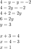 4 - y - y = -2\\4 - 2y = -2\\4 + 2 = 2y\\6 = 2y\\y = 3\\\\x + 3 = 4\\x = 4 - 3\\x = 1