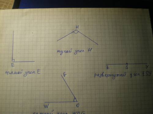 На черти и подпишиПрямой угол ЕТупой угол НРазвёрнутый уголZSYОстрый уголWOG