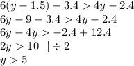 6(y - 1.5) - 3.4 4y - 2.4 \\ 6y - 9 - 3.4 4y -2 .4 \\ 6y - 4y - 2.4 + 12.4 \\ 2y 10 \: \: \: | \div 2 \\ y 5