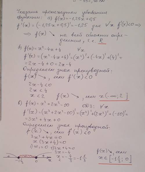 Знайти проміжки спадання функції: а) f(x)= -1,25x +0,5 б) f(x)= x^2-4x+4 в) f(x)= x^3+2x^2-10