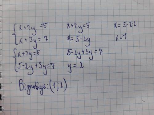 Очень Решите системой подстановки уравнение. { x+2y=5, {x+3y=7.