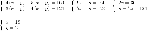 \left\{\begin{array}{ccc}4\, (x+y)+5\, (x-y)=160\\3\, (x+y)+4\, (x-y)=124\end{array}\right\; \; \left\{\begin{array}{l}9x-y=160\\7x-y=124\end{array}\right\; \; \left\{\begin{array}{l}2x=36\\y=7x-124\end{array}\right\\\\\\\left\{\begin{array}{l}x=18\\y=2\end{array}\right